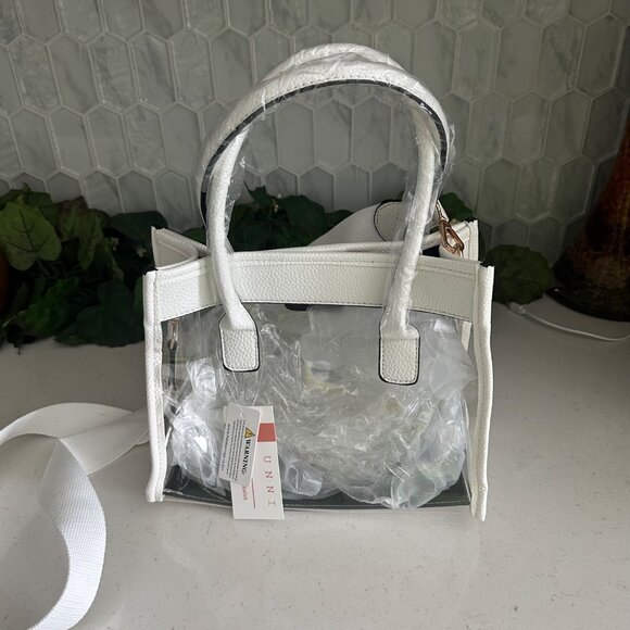 Clear PVC & White Faux Leather Mini Tote Bag With Adjustable Strap By Unni - Picture 1 of 8